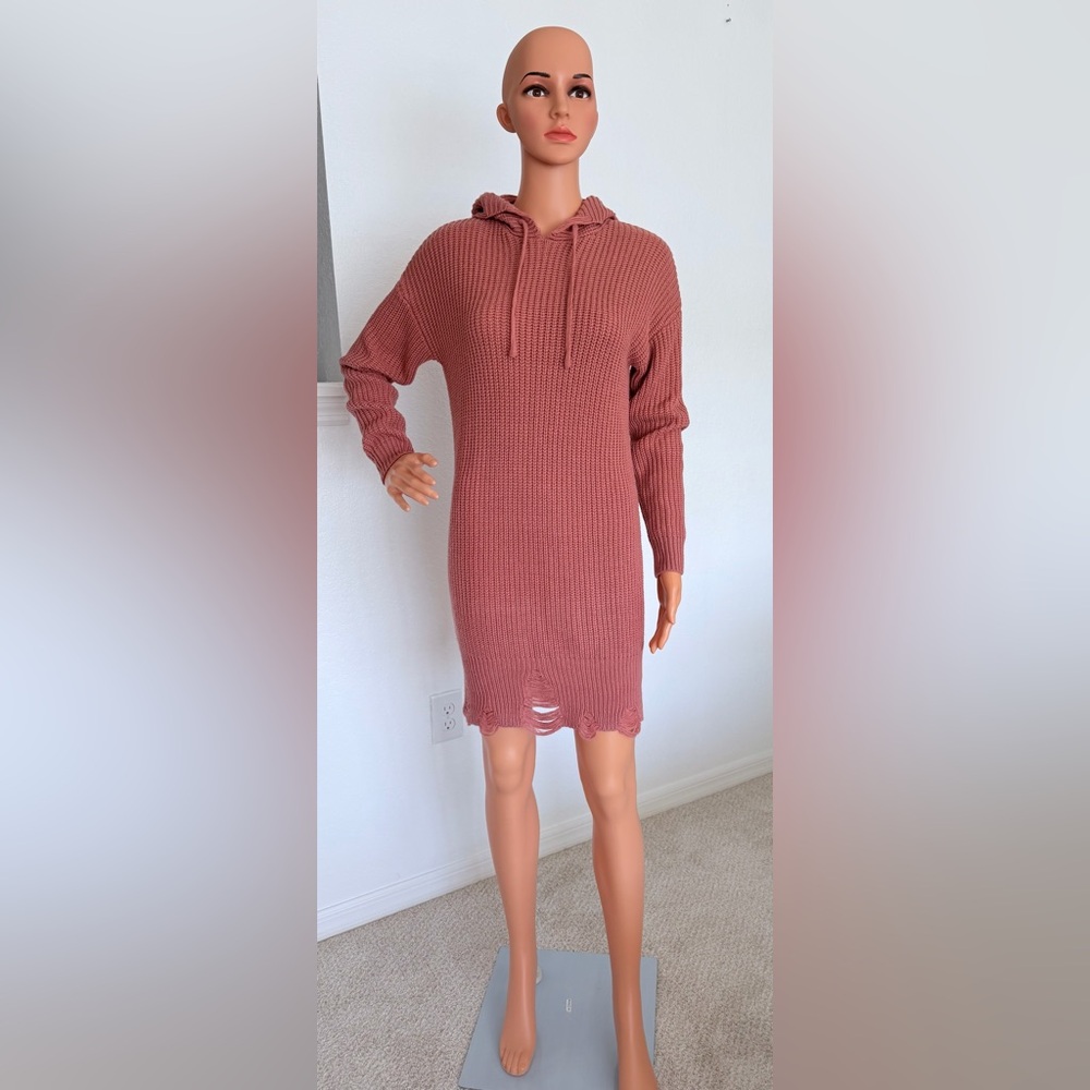Almost Famous Dusty Rose Knit Hoodie Mini Dress